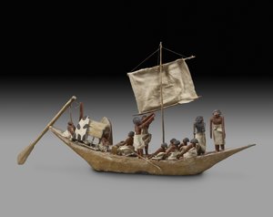 زورق حربي نموذجي مع شراع ، مجاديف و 14 شخصية ، الأسرة التاسعة إلى الحادية عشر (c1212-1940) (خشب ، جيسو ، نسيج ، طلاء ، كتان وخيوط)